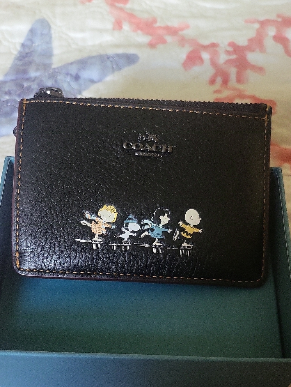 Coach Black Leather Zip Card Case with Peanuts Parade